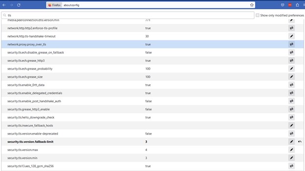 TLS settings in Firefox browser